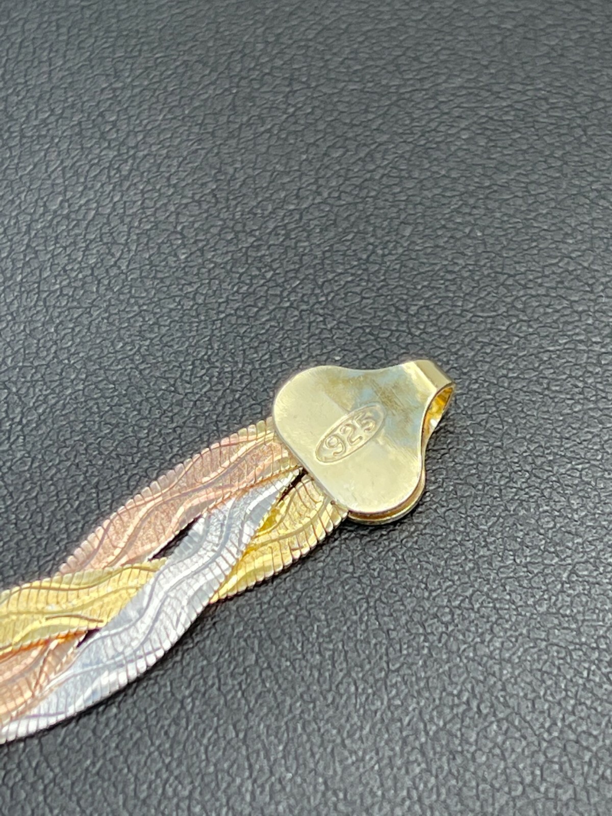 Solid 925 Silver Tri Color Yellow Rose Gold Plated Braided Herringbone Bracelet
