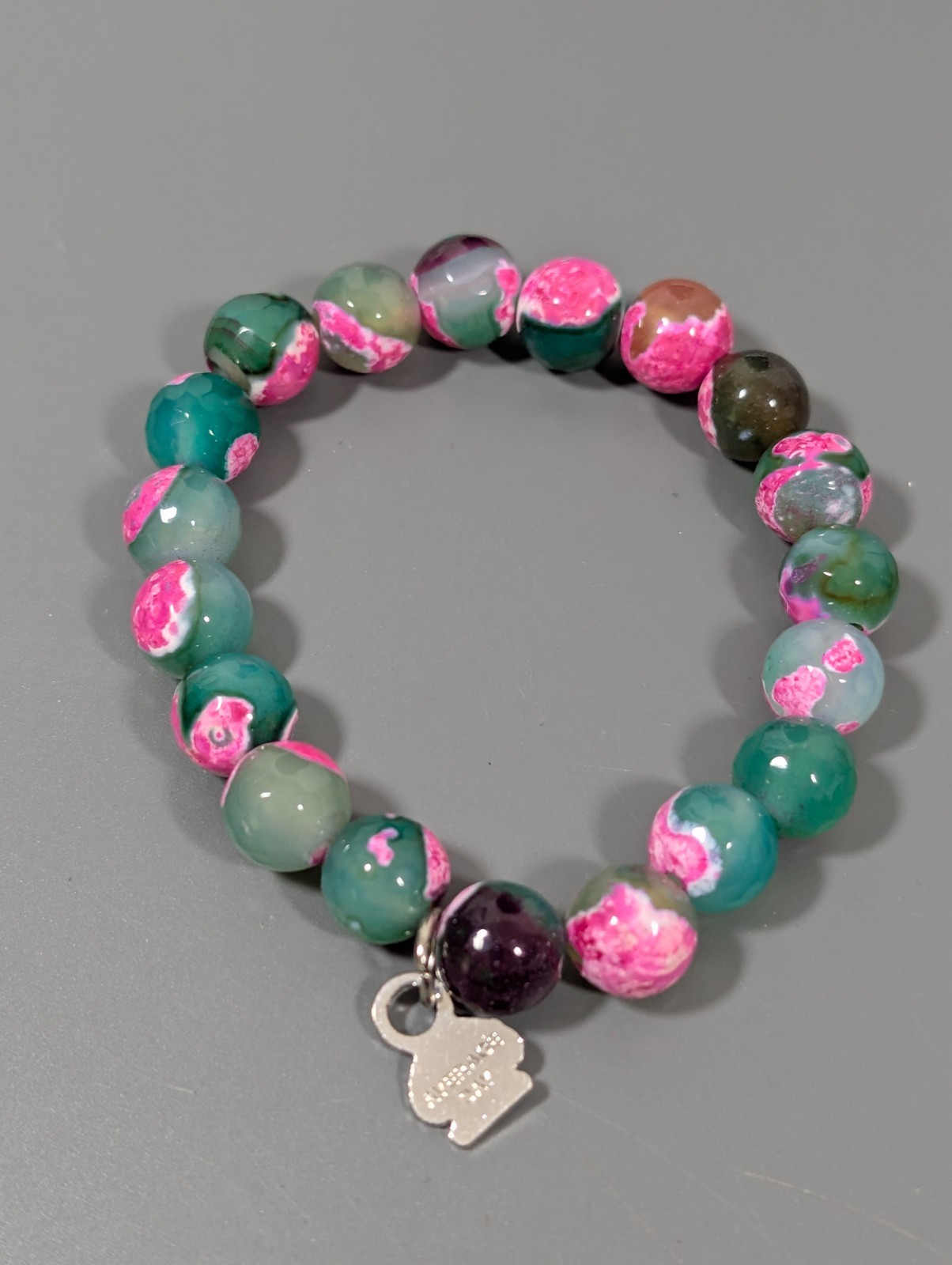 Beachy Boho Green Pink Dyed Agate Stone Polished Bead Bracelet 7 inch