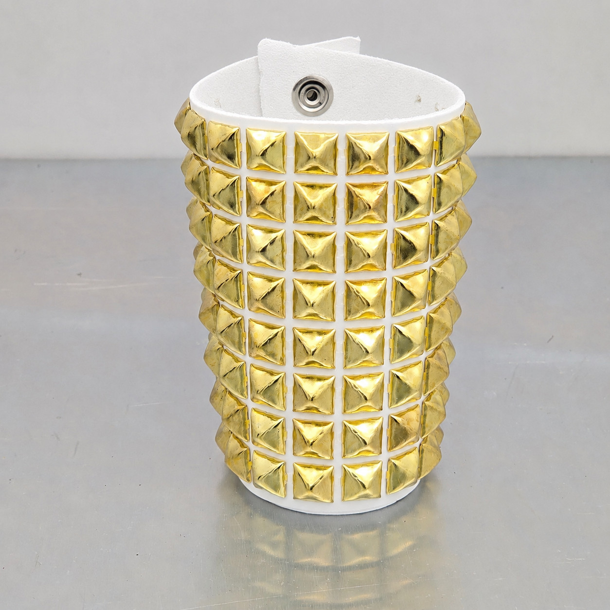 8 Row Gold Studded Bracelet Genuine White Leather Punk Rock Thrash Metal Goth