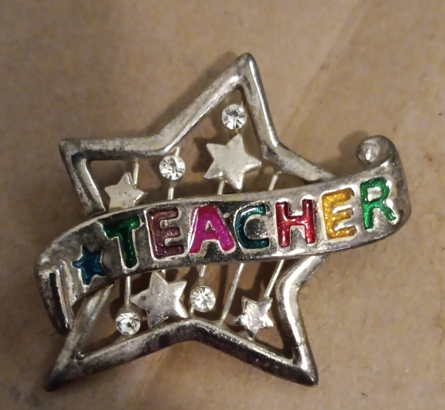 Star Teacher Brooch Pin Silver Tone Enamel Clear Rhinestone Accent School