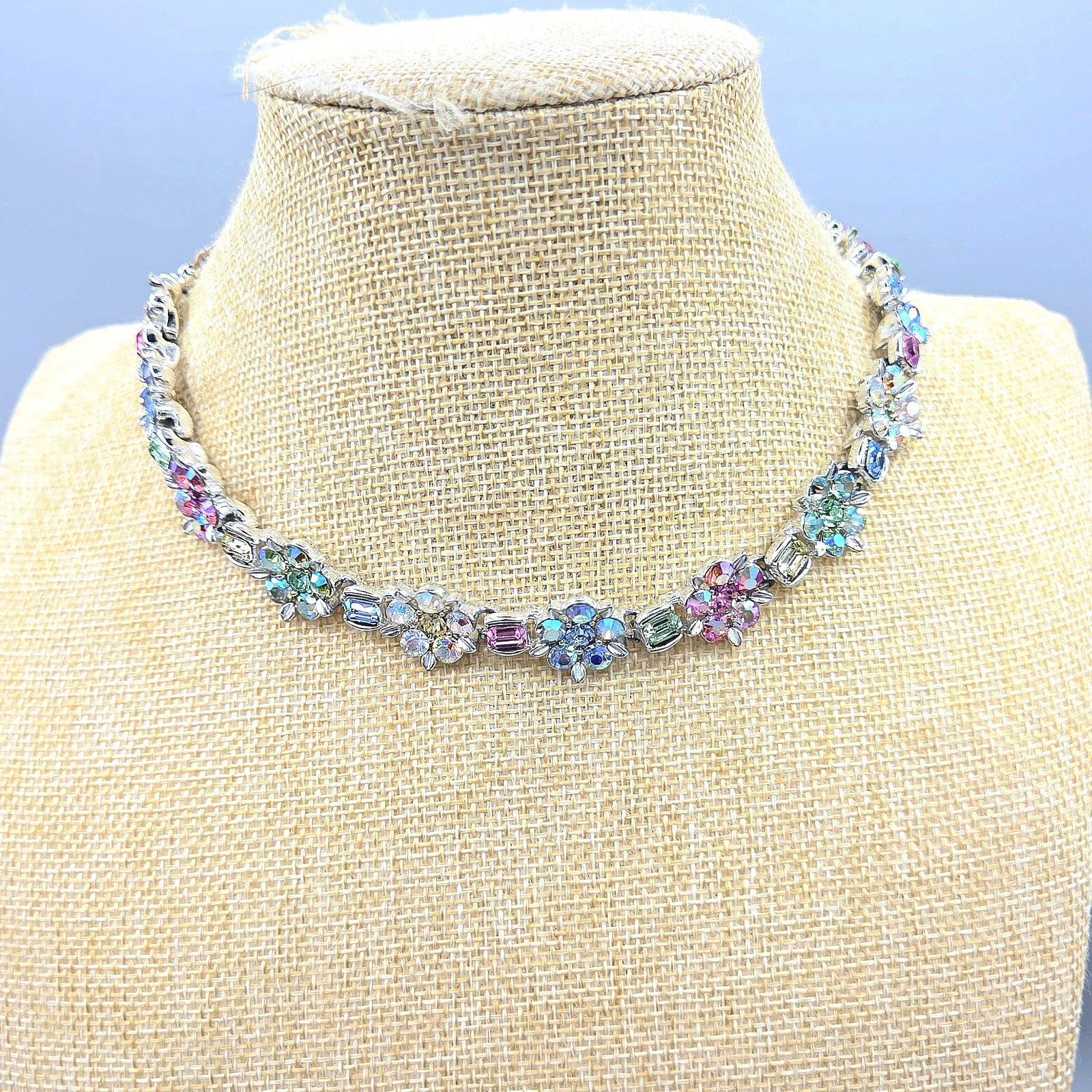 Vintage Unsigned Lisner Pastel Fruit Salad Rhinestone Silver Tone Necklace 17″