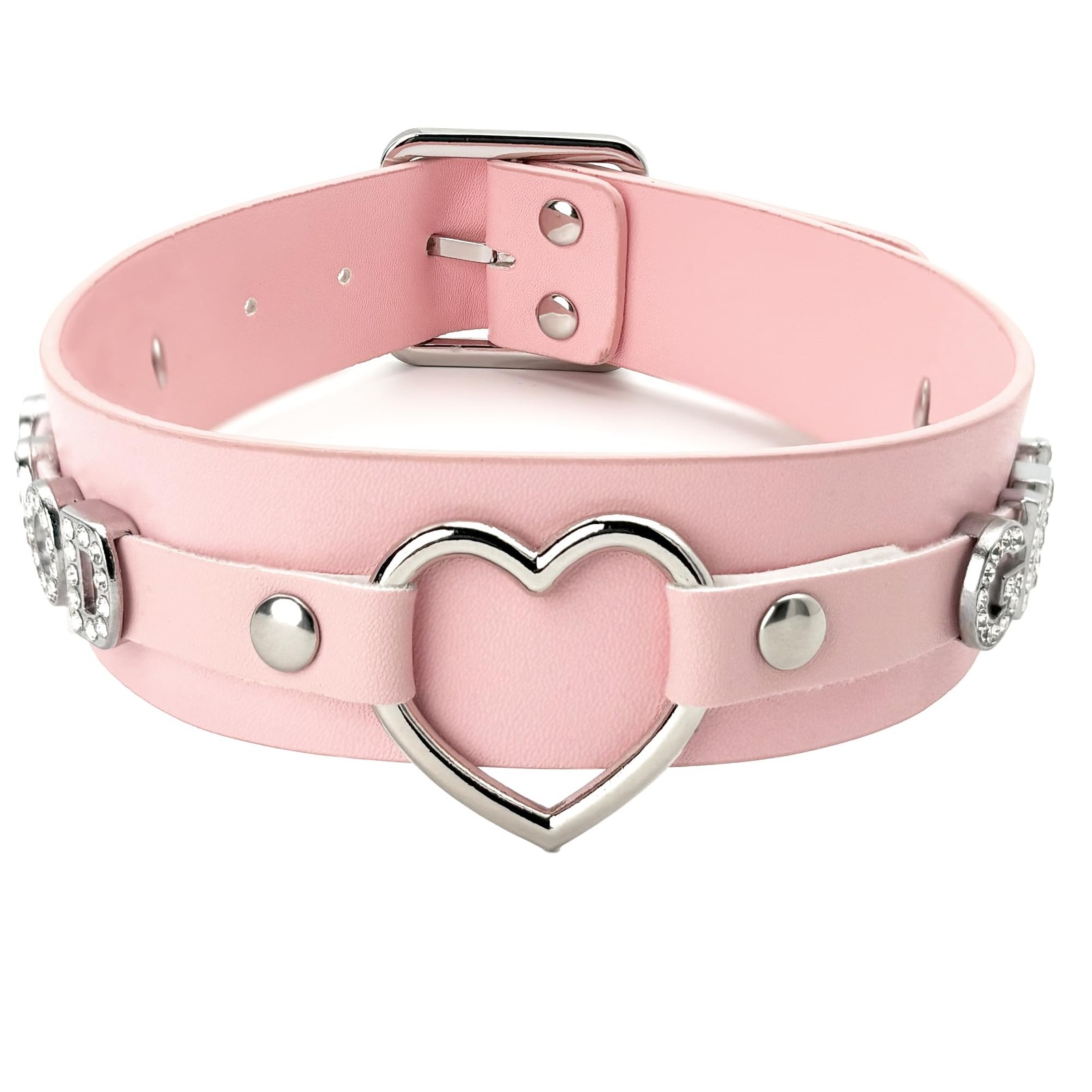 Pink Leather Heart O-Ring Choker Necklace for Women, Adjustable PU Collar wit…
