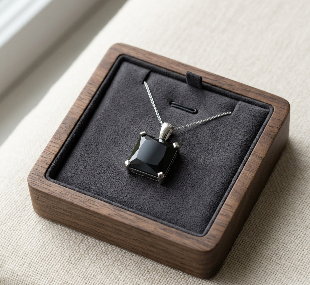Black Onyx Pendant Necklace Square Cut Black Stone Healing Crystal Gold plated