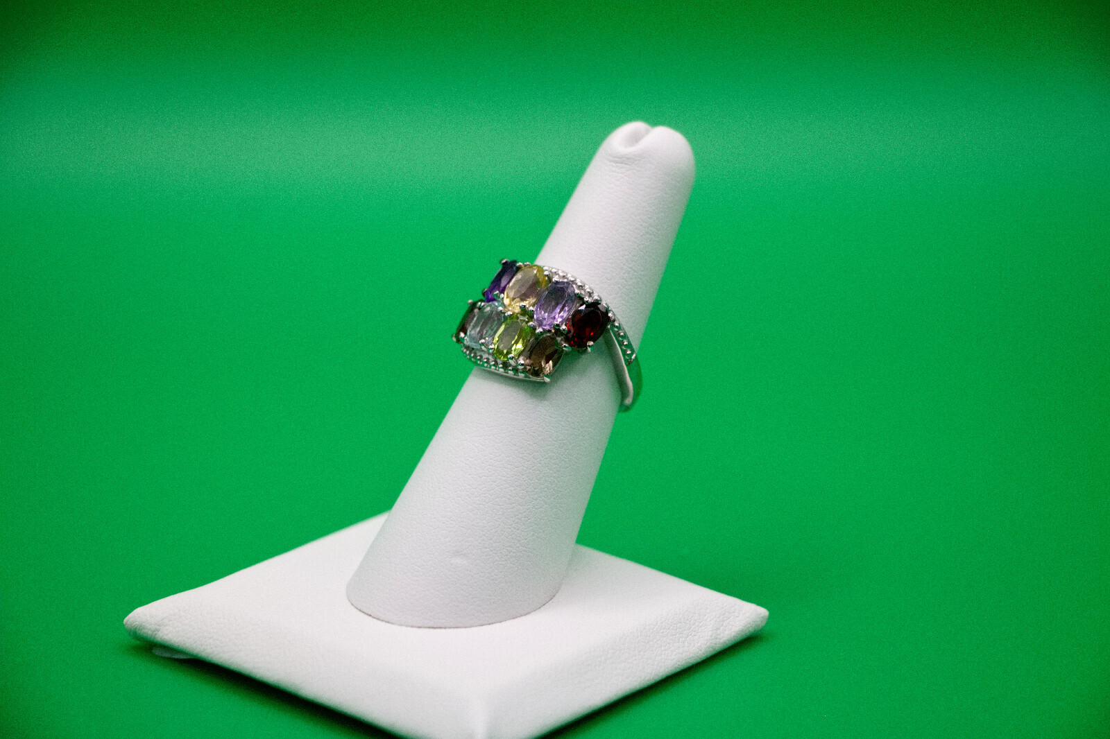Multi Gemstone (Topaz, Garnet, +5) Bypass Ring Stainless Steel 3.90 ctw Sz. 6.0