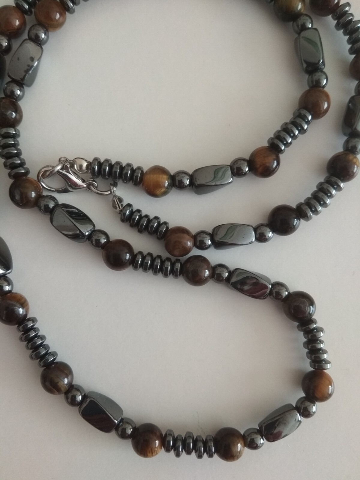 6x8mm 6mm &4mm Natural Hematite &Tigers eye Gemstone Beads Necklace 21.5″-323-8