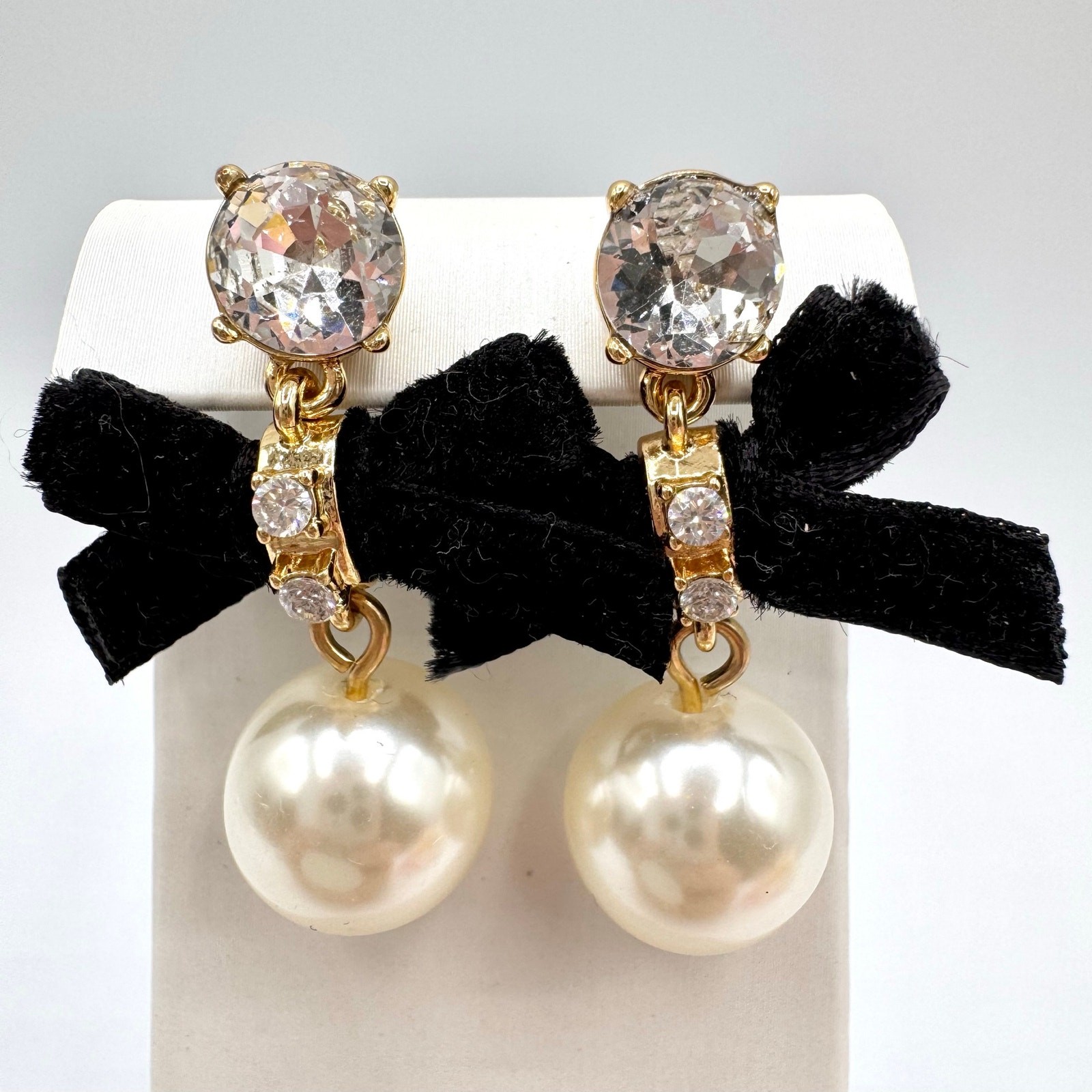 J.Crew Black Velvet Bow Faux Pearl Rhinestone Drop Earrings Black Tie Fancy Gala
