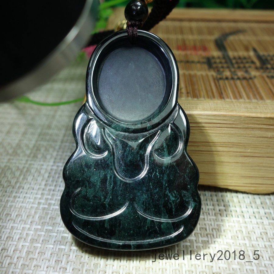 Certified Black Green Burma 100% Natural A jadeite Jade Pendant~Guan Yin 墨翠 渡母观音