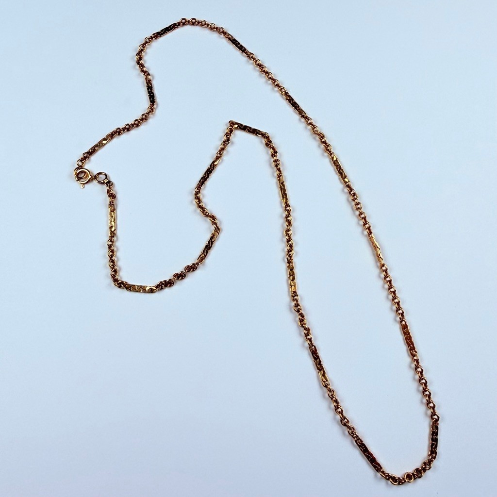 14K Solid Yellow Gold Cable & Flat C Link Chain Unique Necklace 19.75″ Vintage