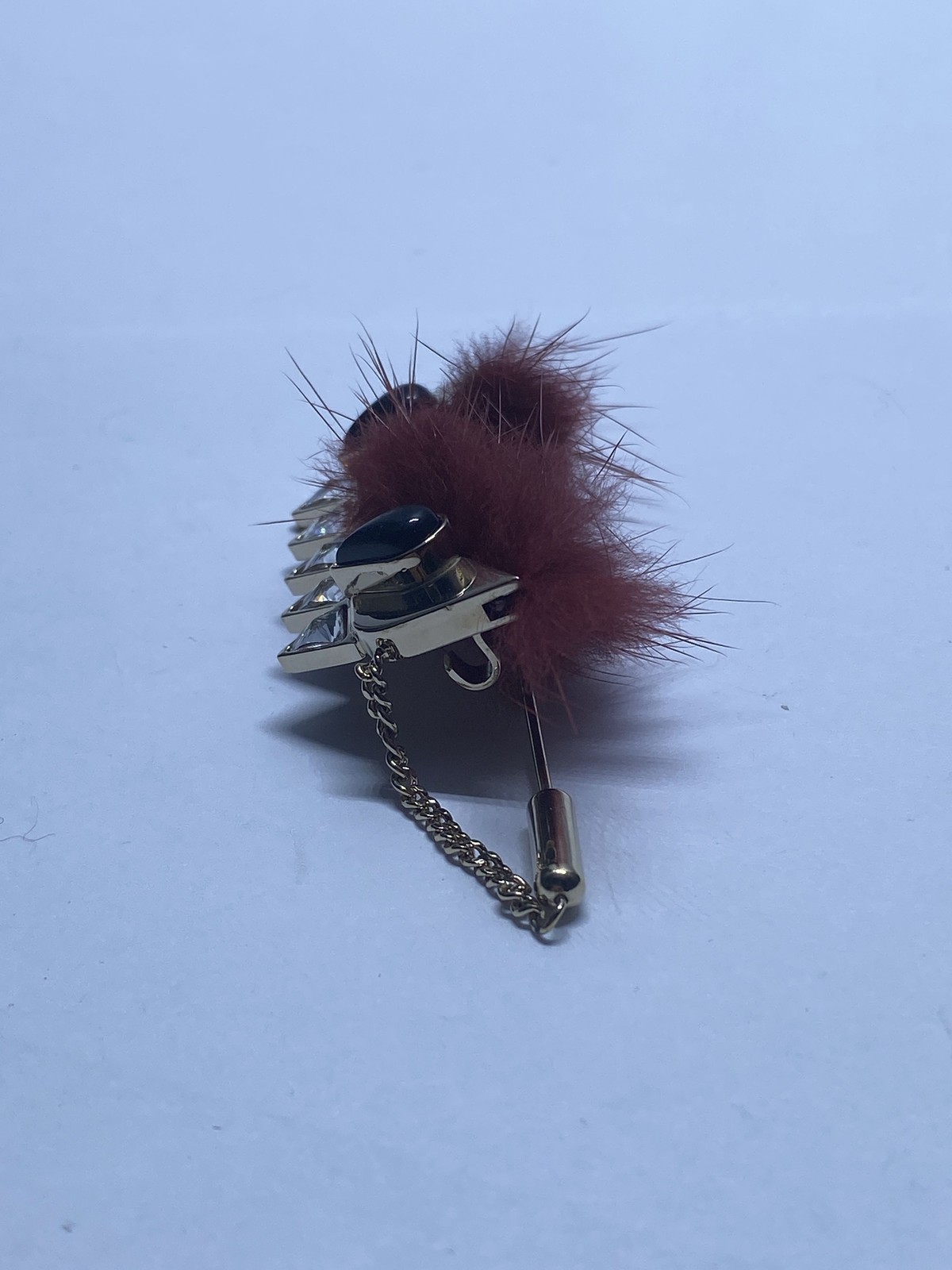 Fendi Bag Bugs Monster Brooch Stick Pin Burgundy Fur Crystal Gold Tone COA
