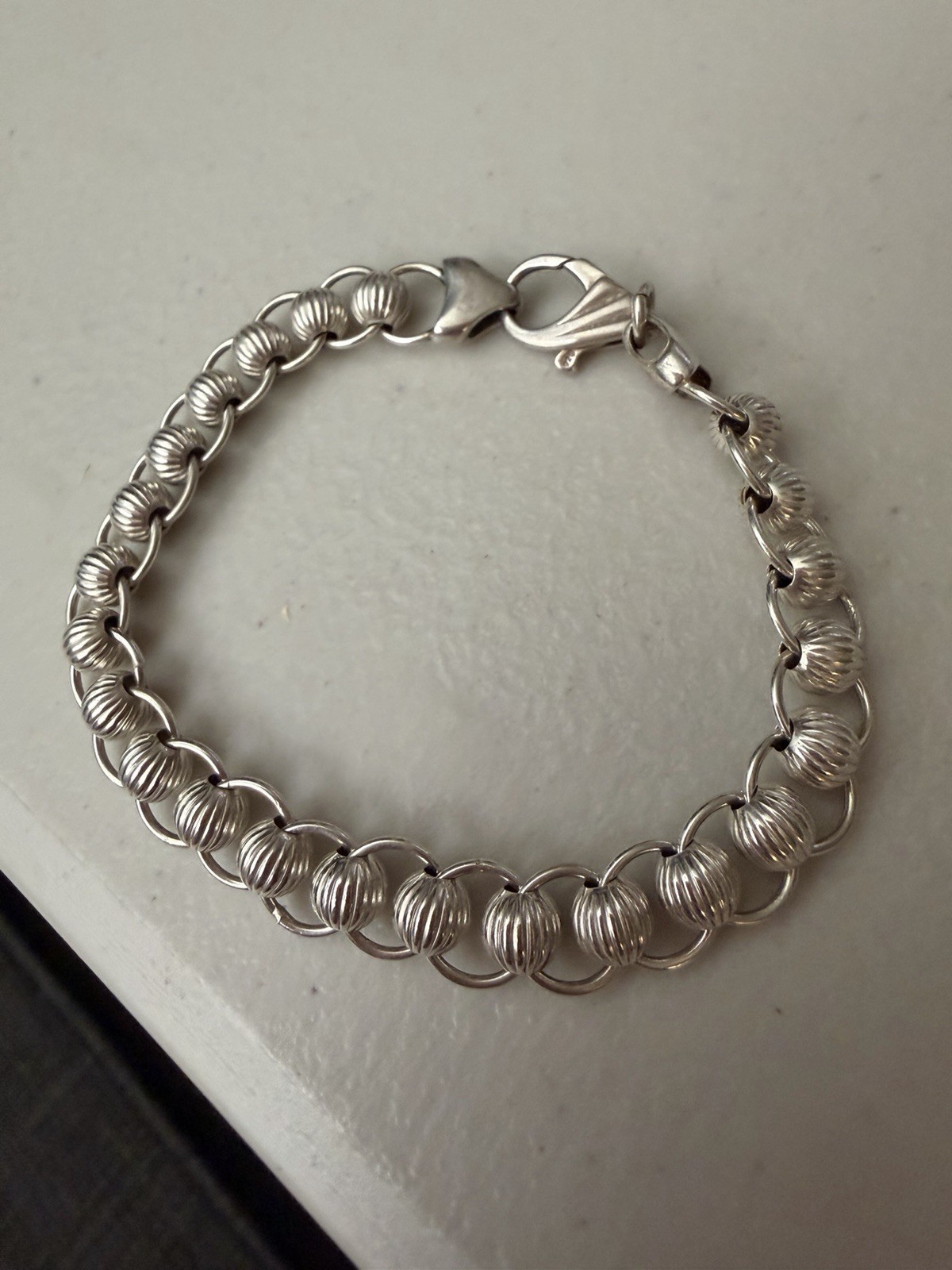 Sterling Silver 925 Ridged Ball Bead Link Bracelet 6.5 Inches Lobster Claw