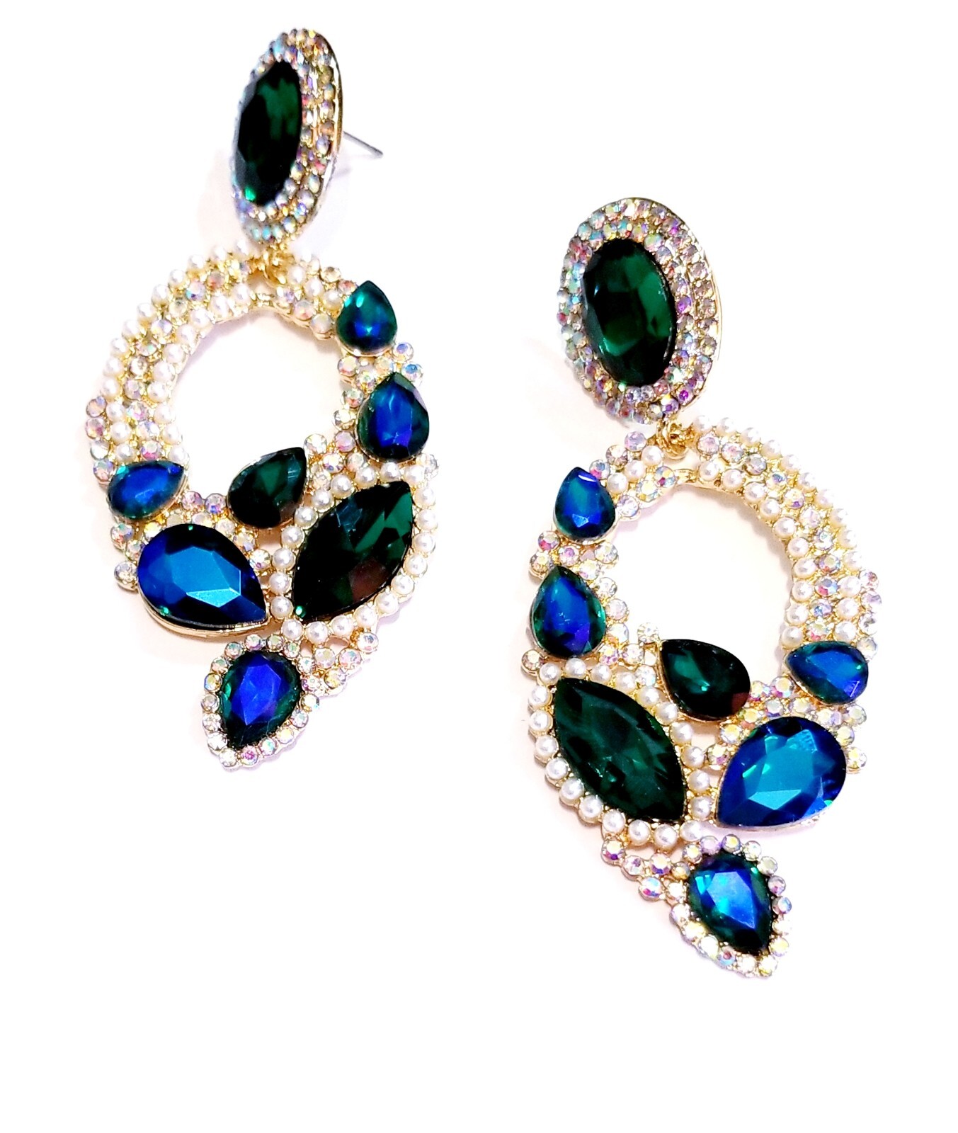 Chandelier Rhinestone Crystal Pageant Bridal Earrings Blue Drop Dangle 3.2 Inch