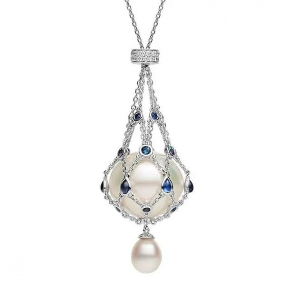 Women’s Faux Pearl Pendant Necklace Crystal Teardrop Mesh Cage Pendant Chain Nec