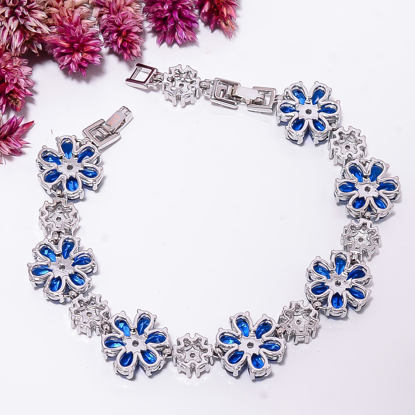 Blue Sapphire -Simulated, CZ 925 Sterling Silver Adjustable Bracelet 7-8″ B2628