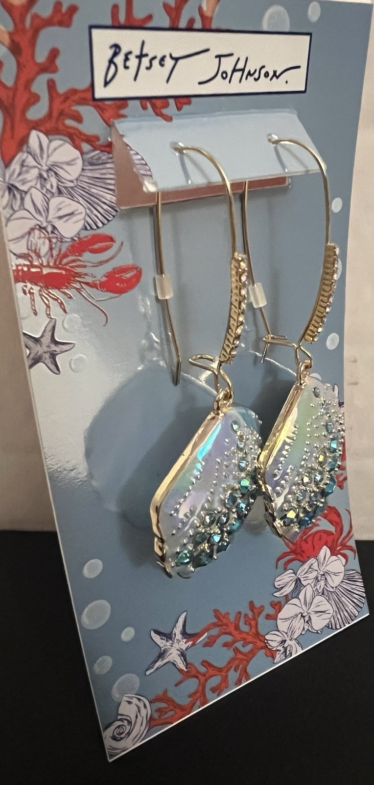 Betsey Johnson Earrings Iridescent Seashell Mermaid Drop NWT Crystal Dangle