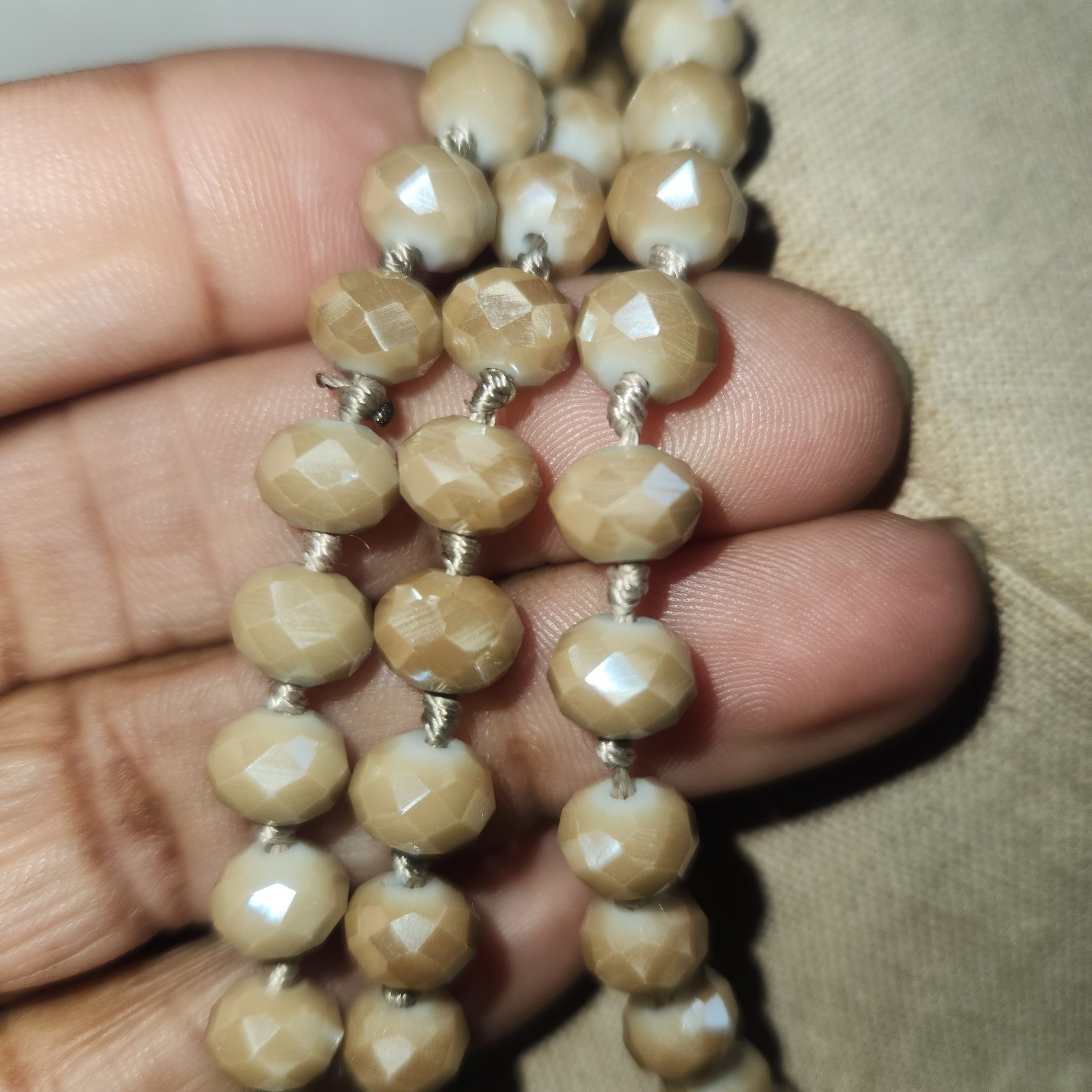 Champagne Iridescent Faceted Glass Bead Hand Knotted Long Rope Necklace 62 Inch