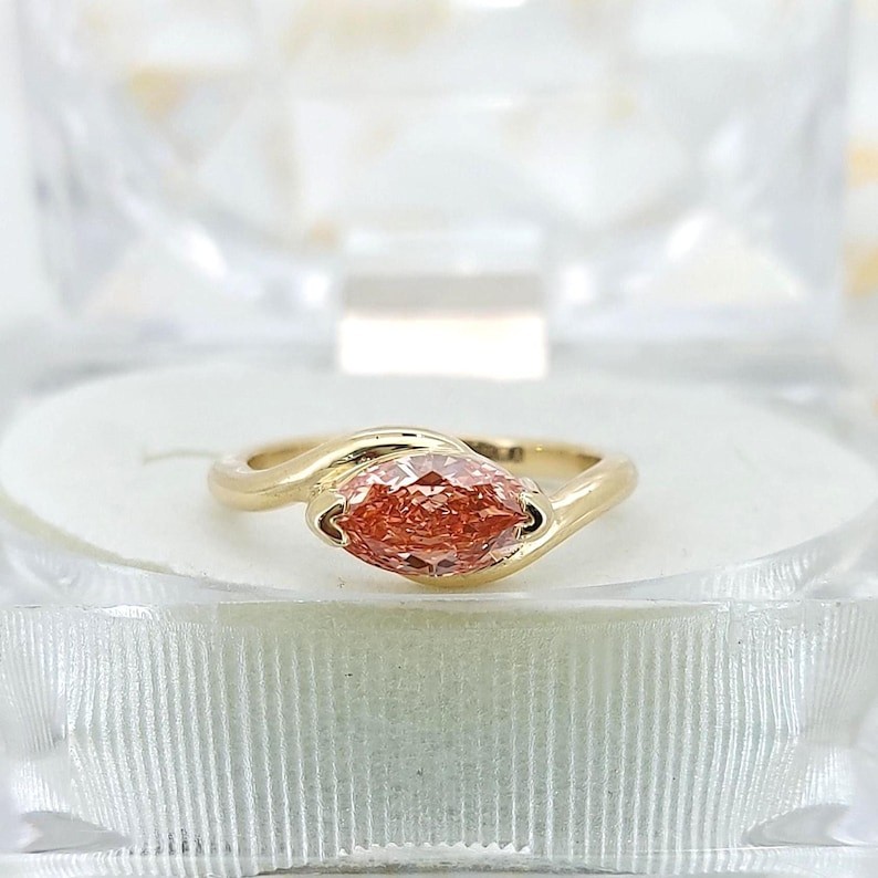 Pink Marquise Cut CZ Diamond Engagement Ring Solitaire Half Bezel Set Jewelry