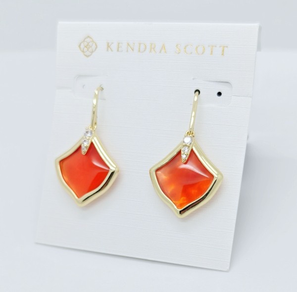 New Kendra Scott Joelle Gold Drop Earrings in Orange Banded Agate