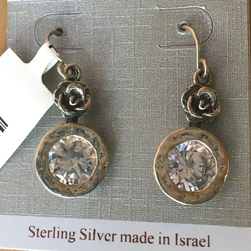 SHABLOOL ISRAEL ROUND STERLING CZ DANGLE EARRINGS