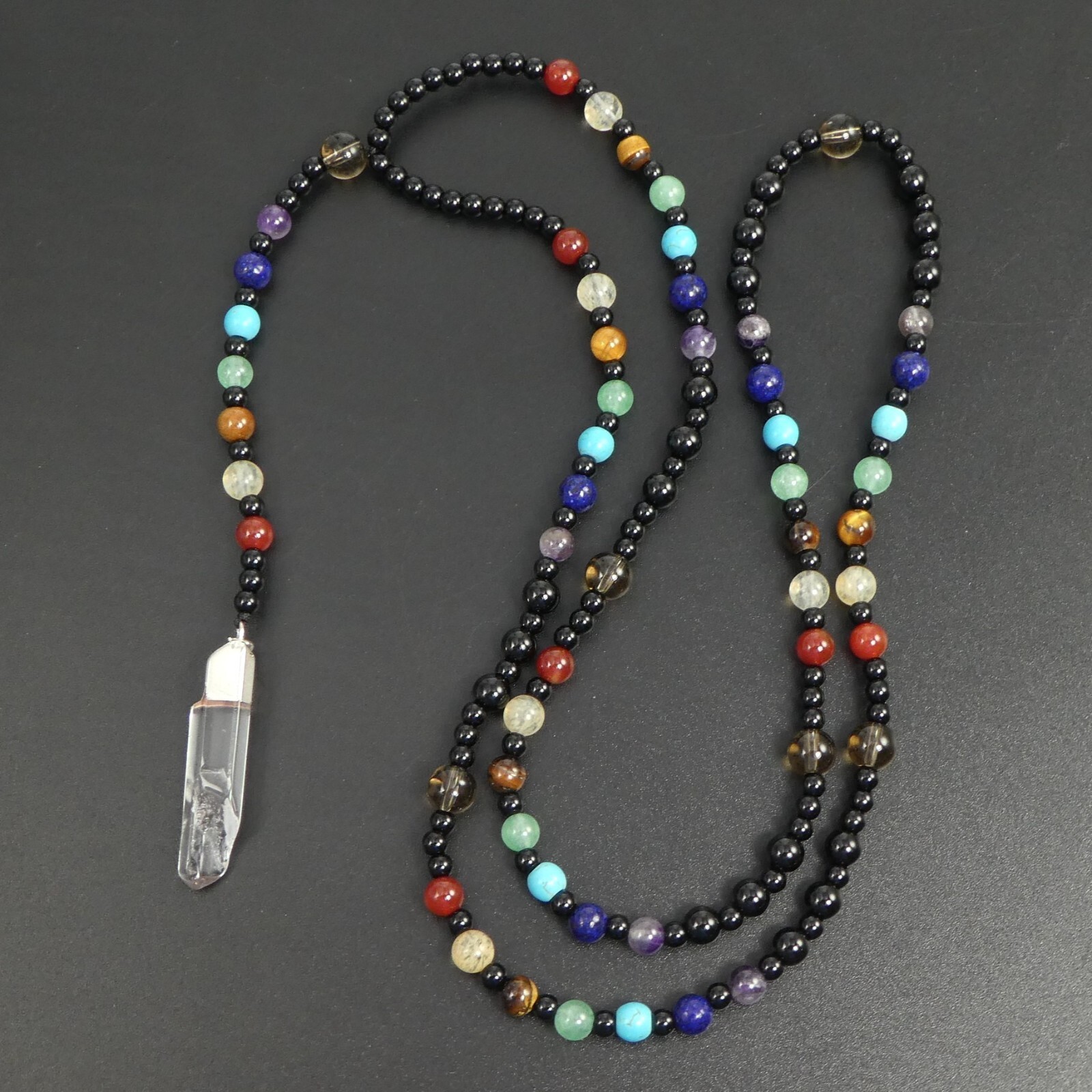 7 Chakras White Rock Crystal Point Pendant Multicolor Beaded 30″ Long Necklace