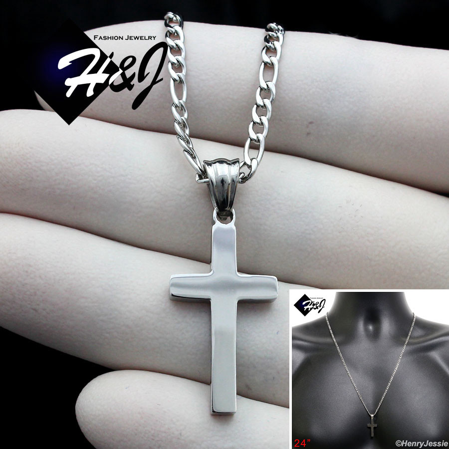 24″MEN Stainless Steel 2mm Silver Figaro Chain Necklace Small Cross Pendant*P67
