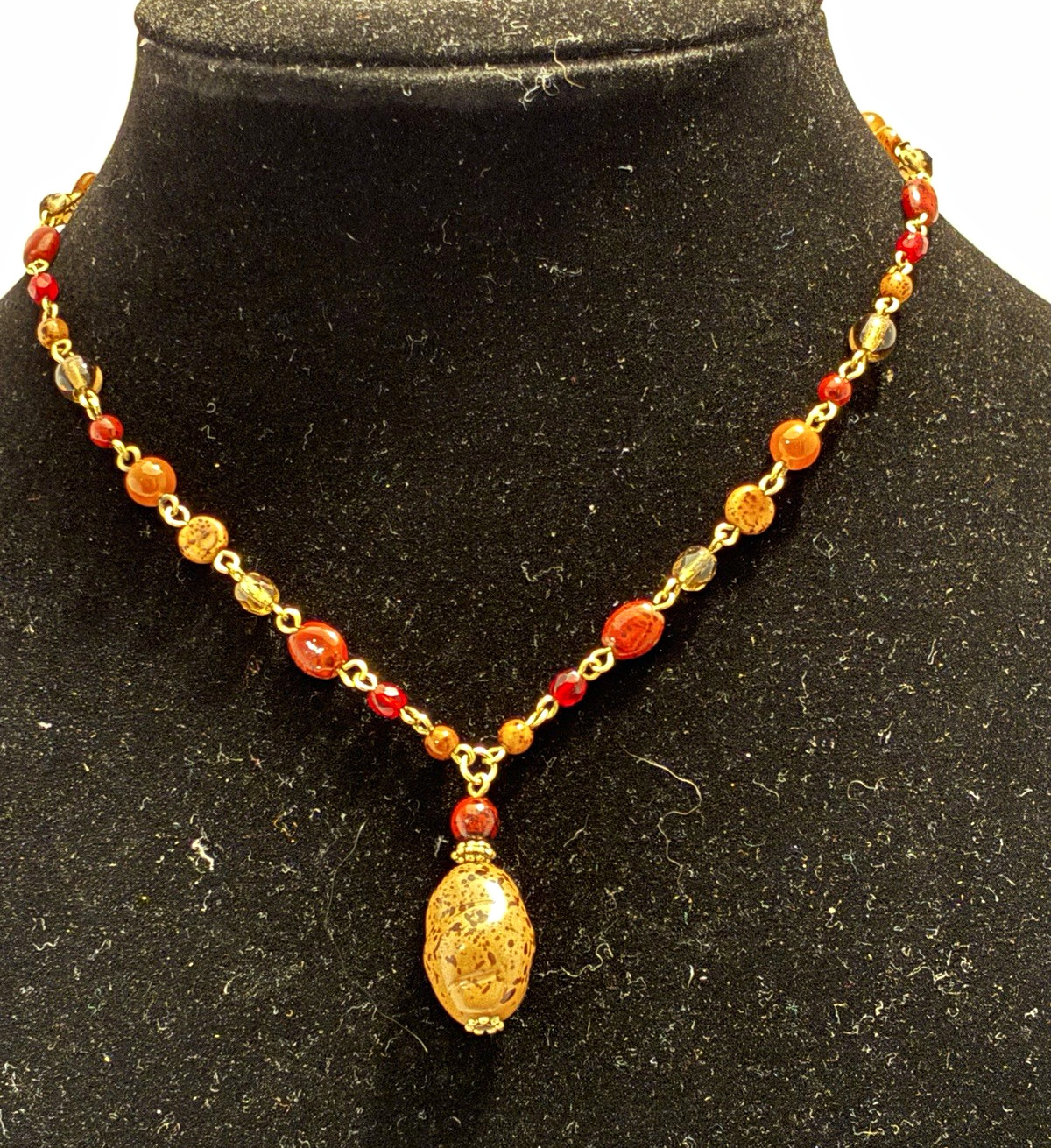 Vintage Napier Beaded Link Necklace Red Amber Glass Spotted Jasper Pendant 80s