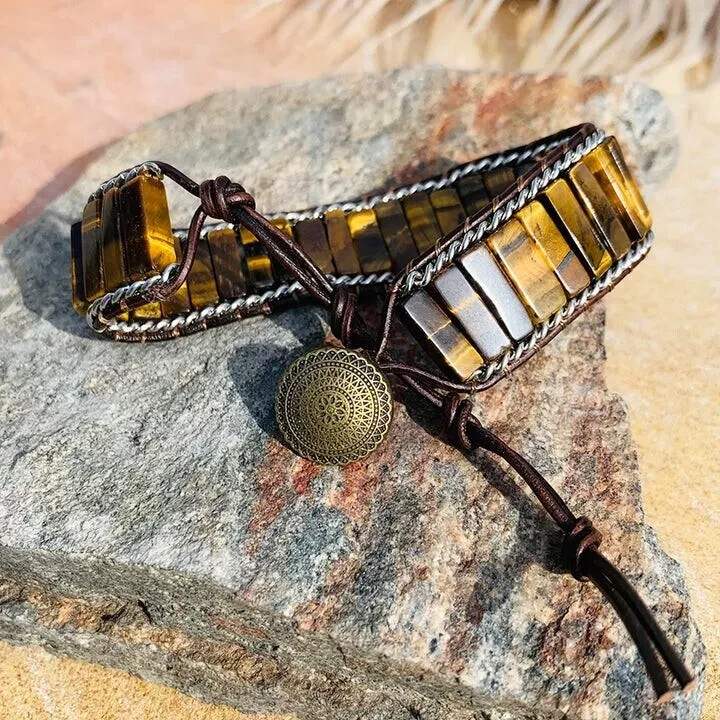 Tiger’s Eye Stone Protection Bracelet Boho Golden Crystal Women Men Jewelry
