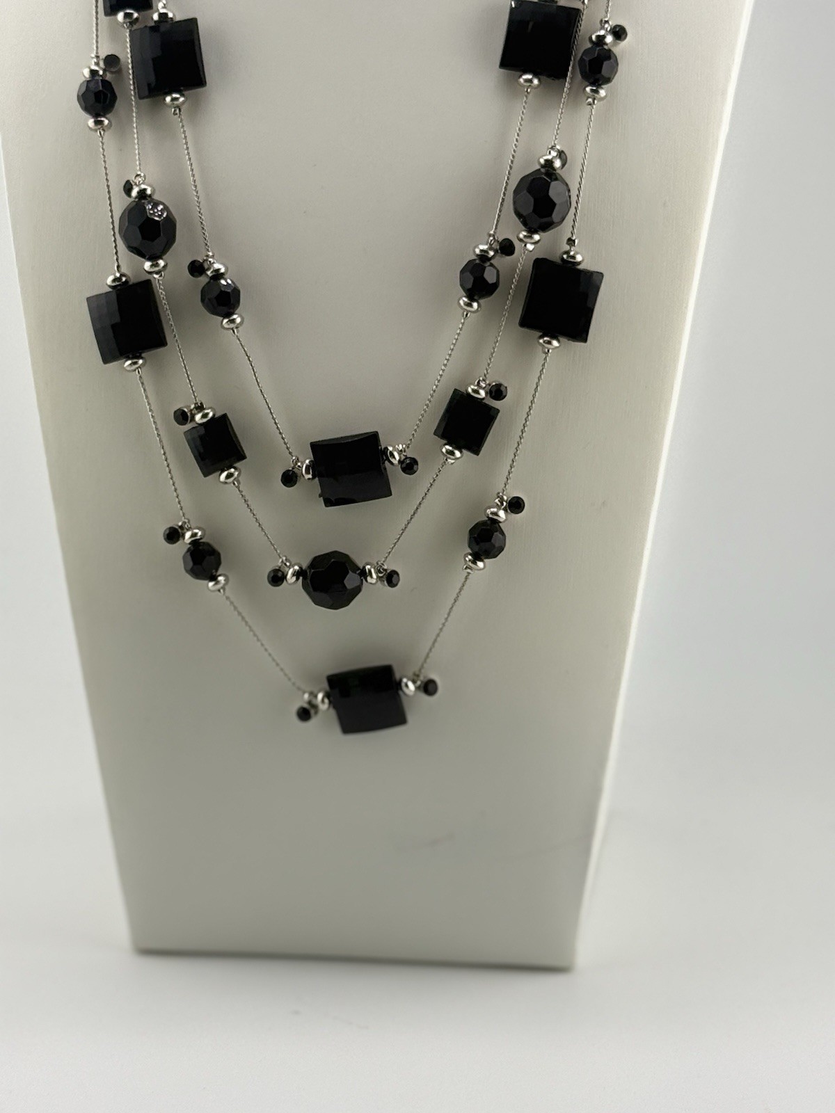 Sliver Tone Black Beads Rhinestones, 3 Layered Necklace 21 Inch L AB-8