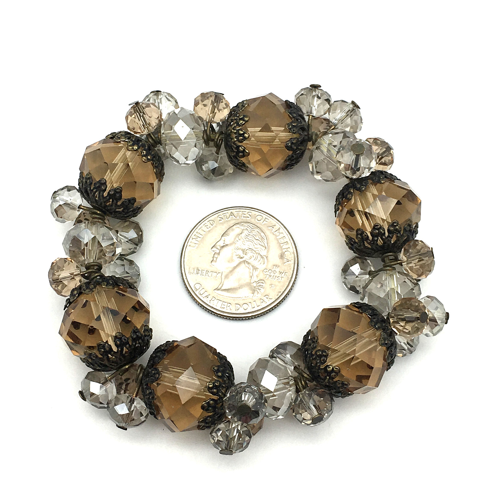 Large Smokey Quartz BronzeTone End Caps & Faceted Clear Crystal Stretch Bracelet