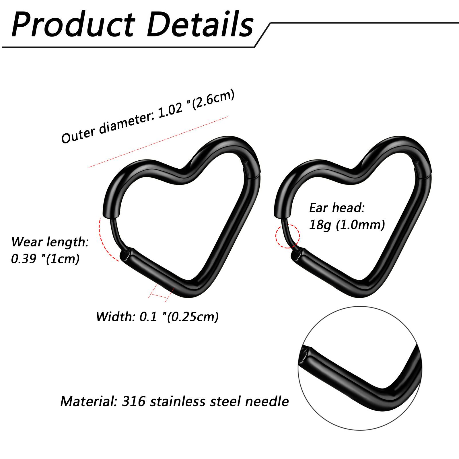 Women Glossy Heart Hoop Earrings Pierced Stud Stainless Steel Hypoallergenic 18G