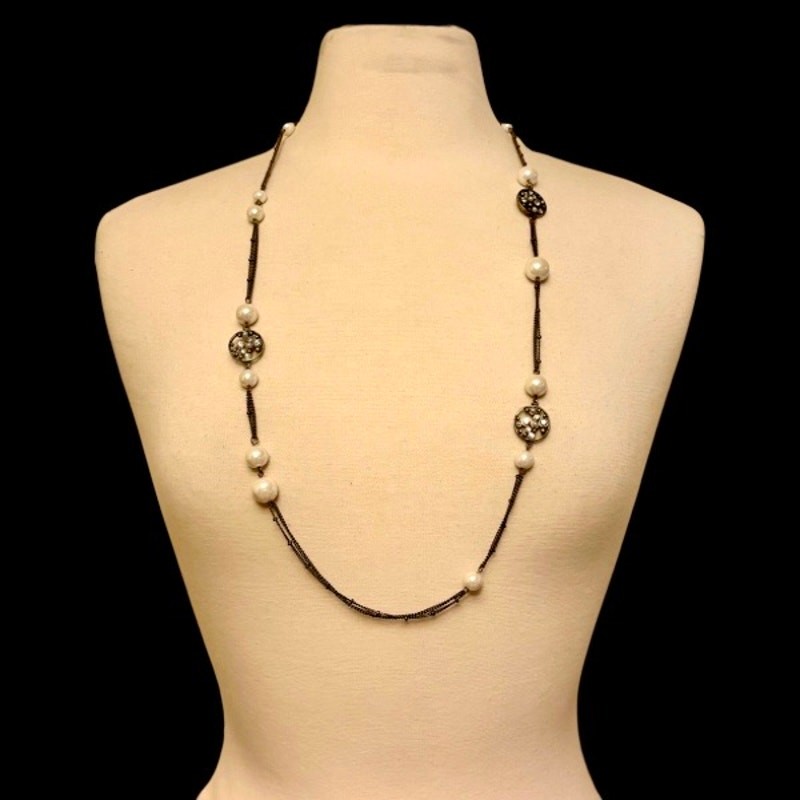 Vintage Bronze-tone Costume Pearl Bead & Rhinestone Chain Necklace/ Belt (35”)