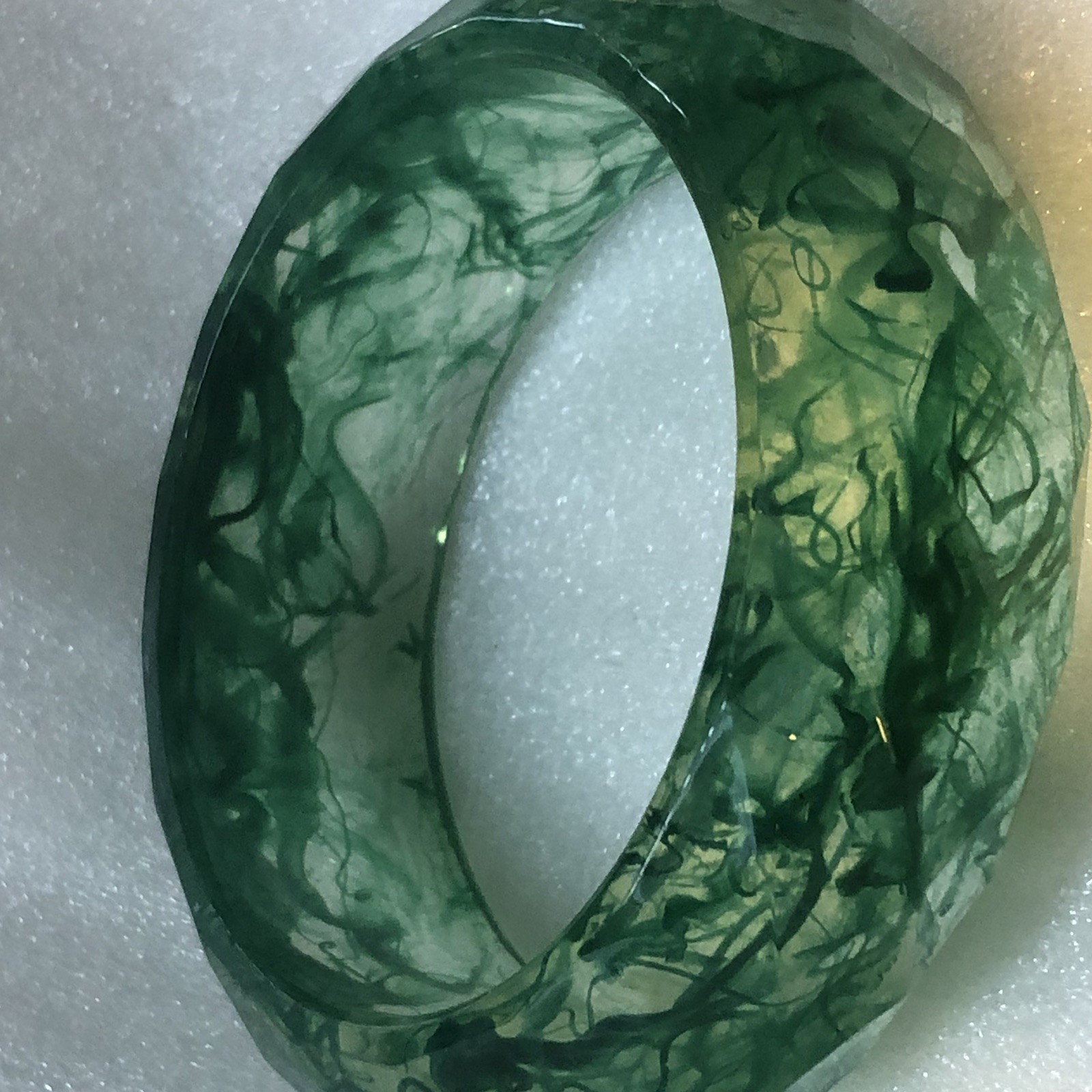 Statement Bangle Clear Acrylic Unique Green Swirls Diamond Cuts 1” Wide 7.5”Cir.