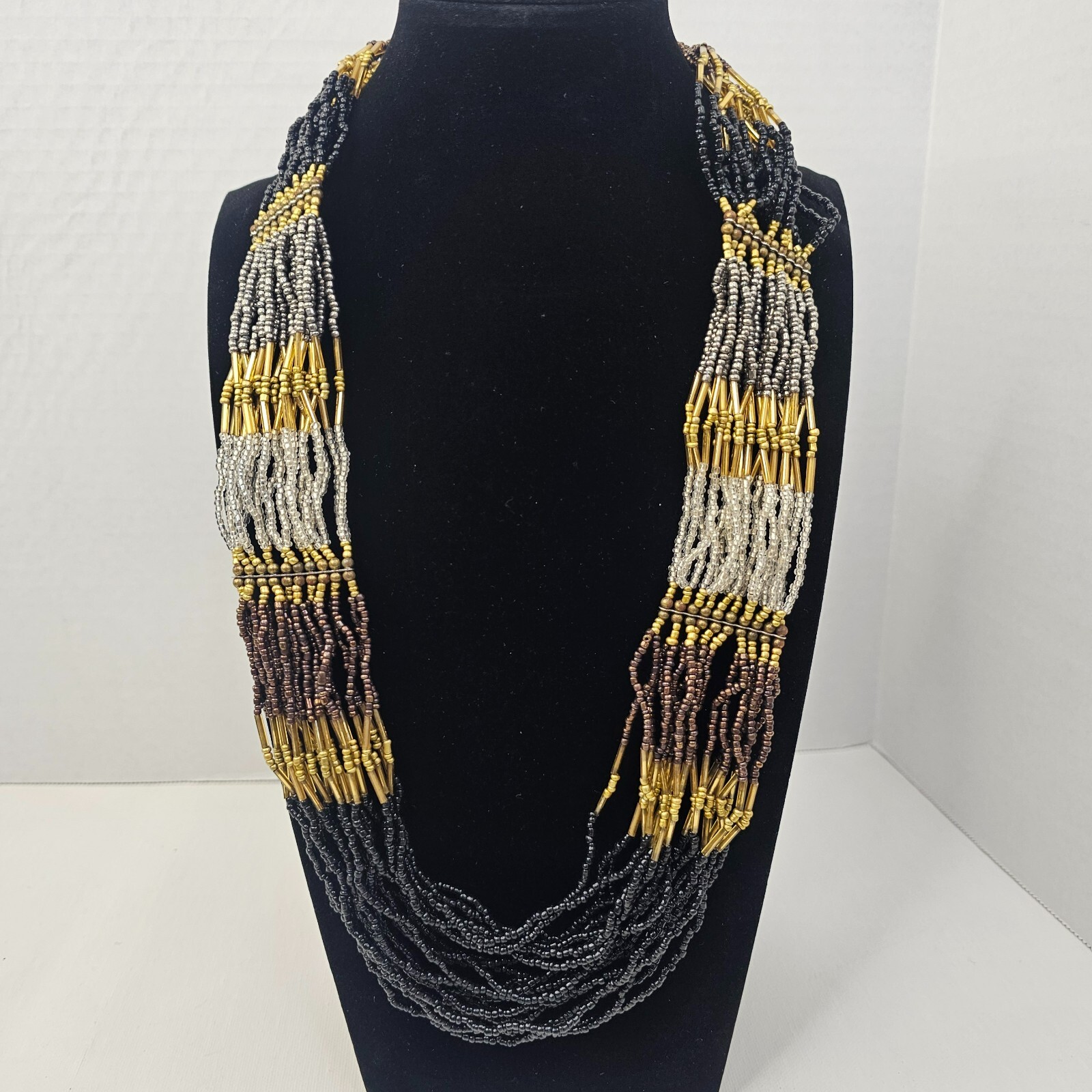 Beaded Statement Necklace Multistrand Brown Black Clear Seeded Women Jewelry