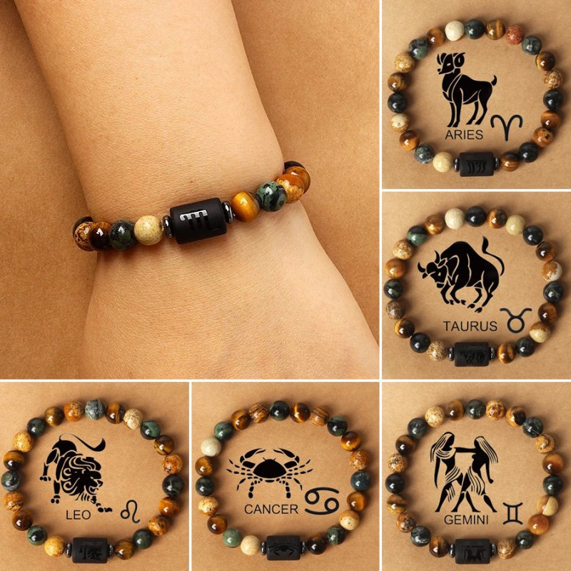 Brown 12 Constellations Zodiac Natural Stone Beaded Bracelet Elastic Birth Gift