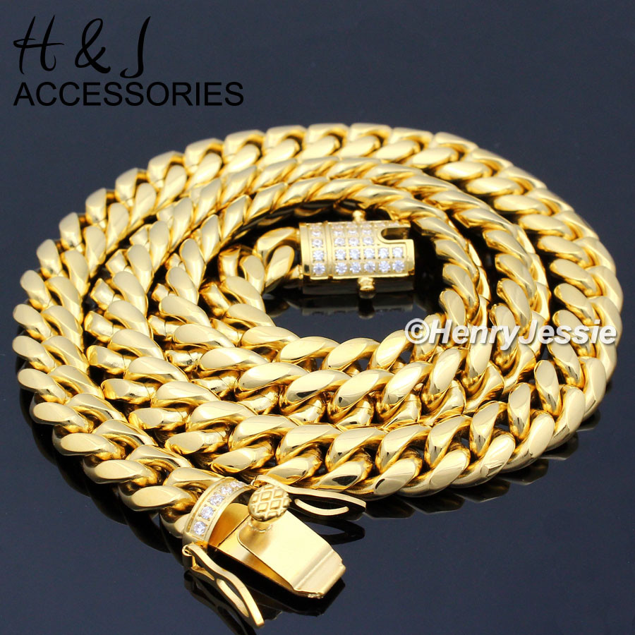 18-40″MEN Stainless Steel 10/12/14mm Gold Plated ICY CZ Miami Cuban Necklace*158