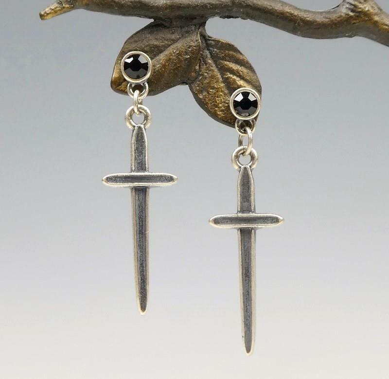 Handmade Dark Sterling Silver Cross with Black CZ Drop Earrings Gothic Unique