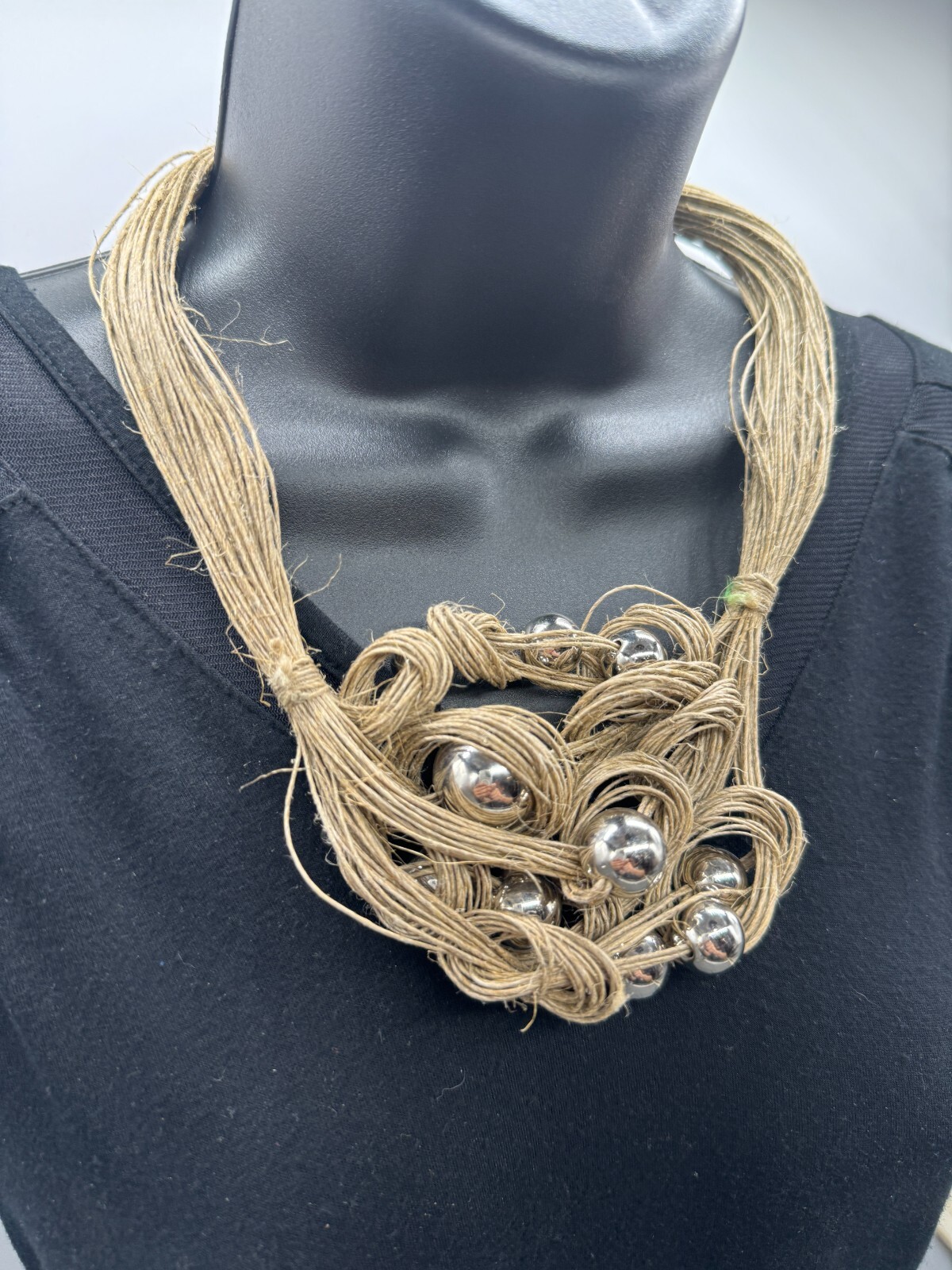 Birds Nest Necklace Beige Stranded Interwoven Silver Tone Beads 22″ Chain Close