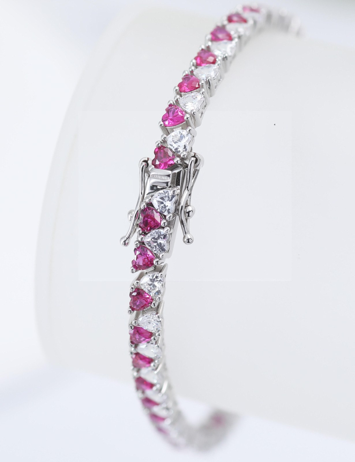 925 Silver Pink Ruby & Moissanite Clear Heart Crystal Tennis Bracelet Women Gift
