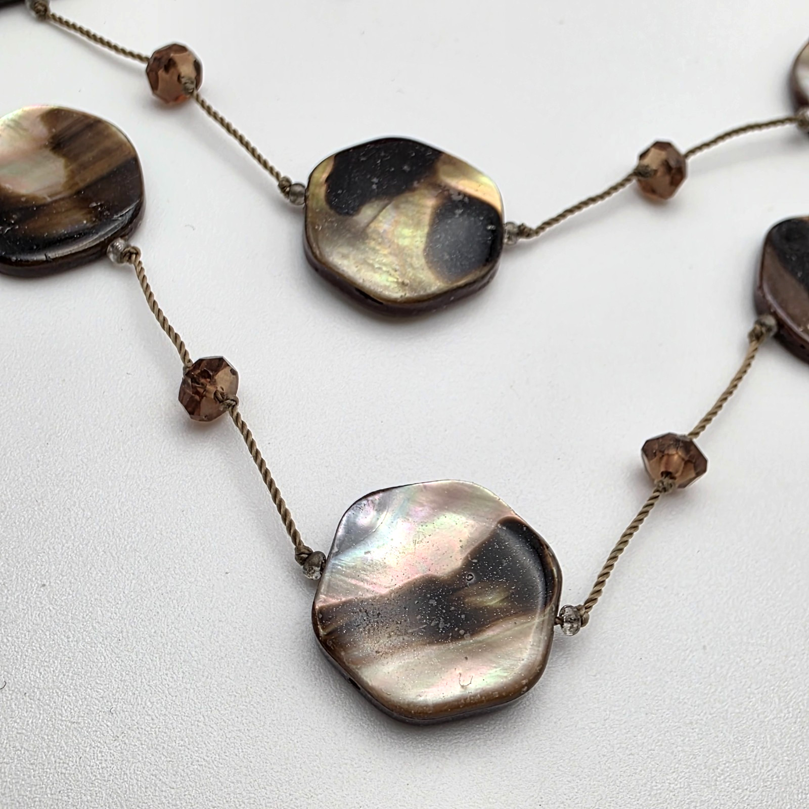 Abalone Shell Coin Disc Double Strand Station Necklace Crystal Cord 19 in Adj.