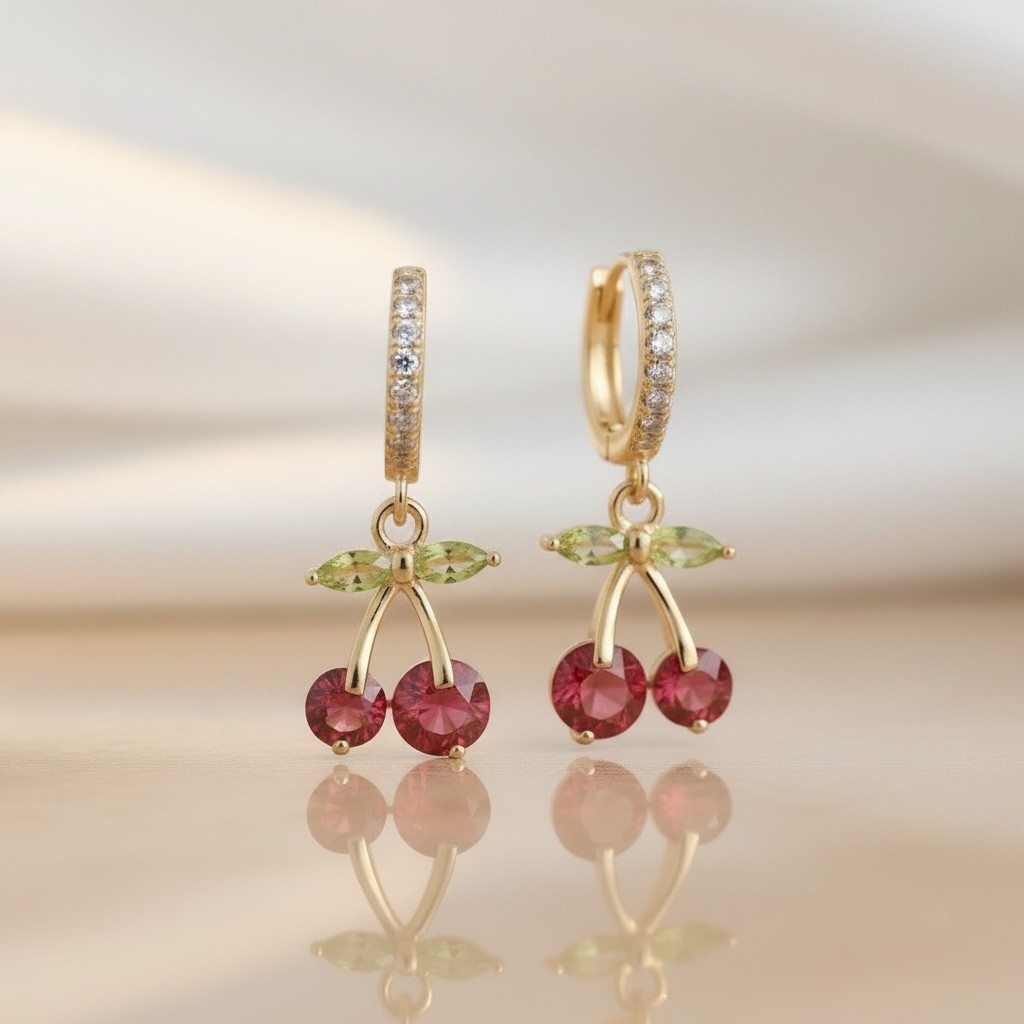 Cherry Charm Huggie Hoops – Gold Dangle Drop Earrings for Summer Spring Vibe