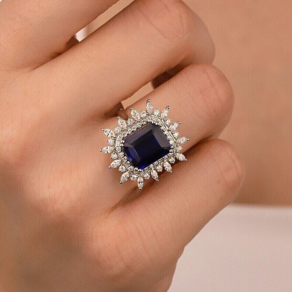Emerald Cut Simulated Sapphire Women’s Gorgeous Fancy Ring 14K White Gold Plated