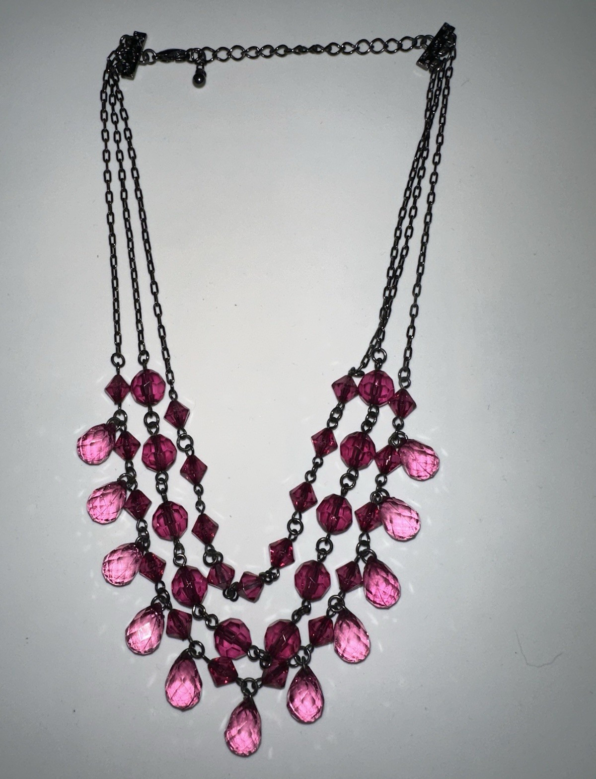 Three Strand Purple Teardrop Beaded Statement Necklace 18.5in in Black Metal