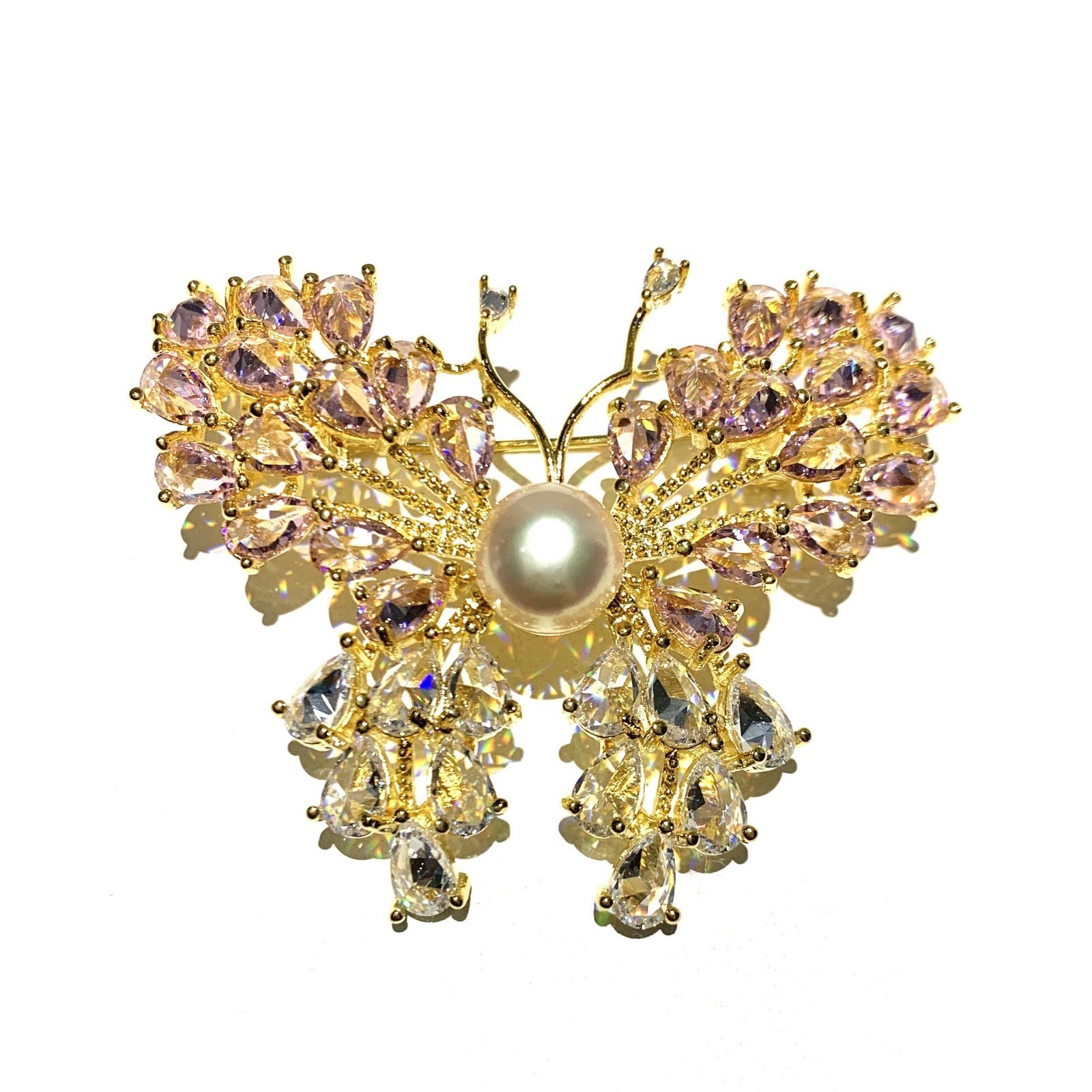 Charming 18K Gold Plating Butterfly Brooch Pin Pink Zircon Crystal Jewelry Gifts