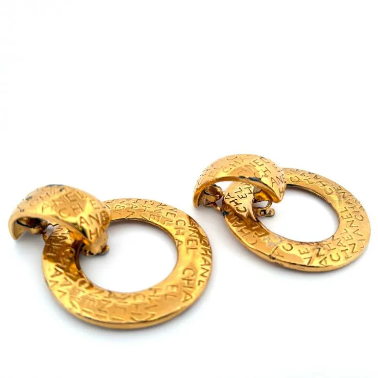 CHANEL Vintage Logo Hoop Earrings 2WAY Gold Plated Auth Japan