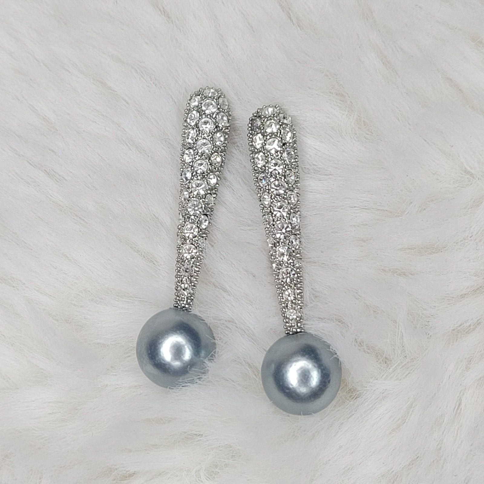 Silver Pearl Rhinestone 1 1/2″ Drop Earrings Fashion Jewelry Friction Back