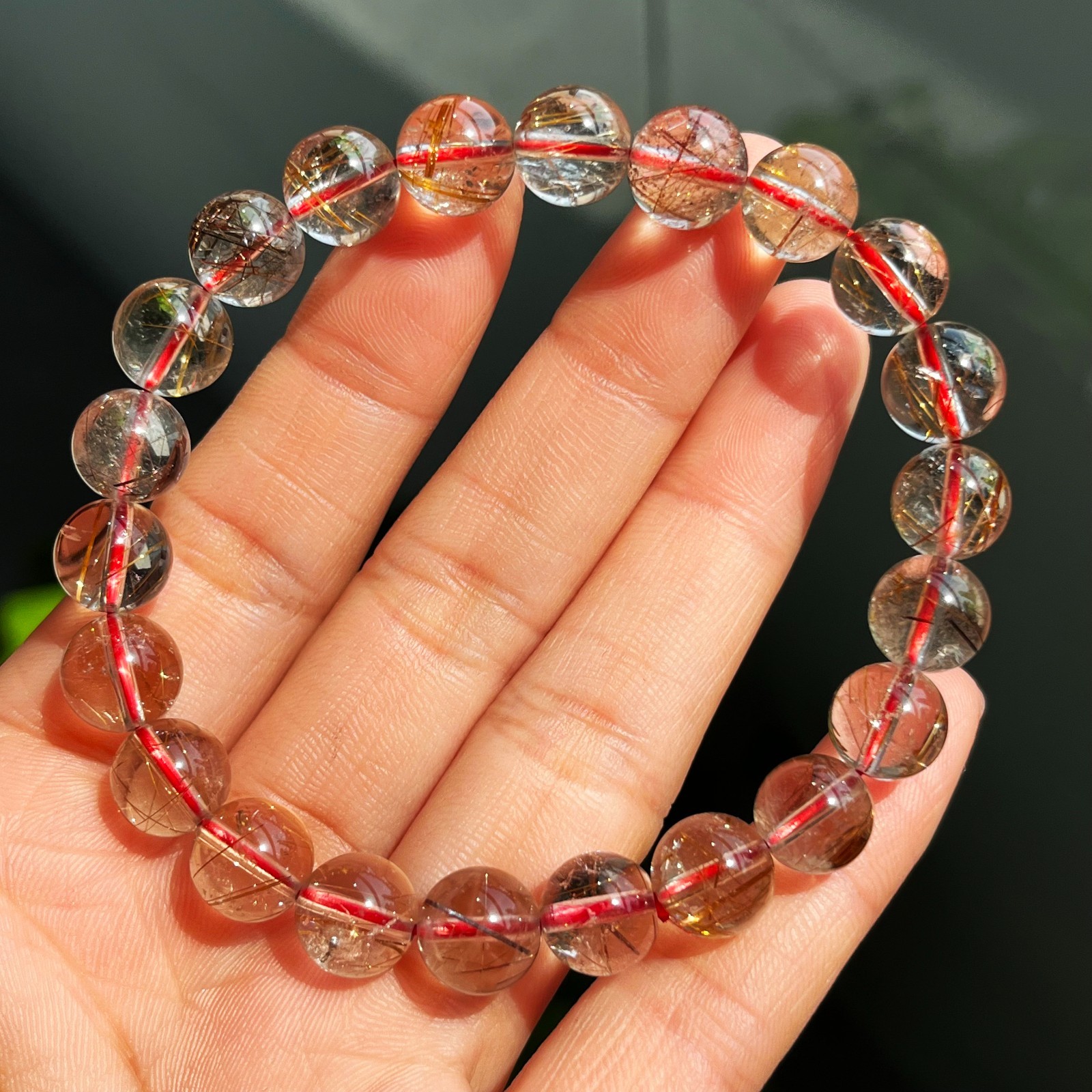 9.3mm Natural Red Copper Rutilated Quartz Crystal Beads Bracelet 2965