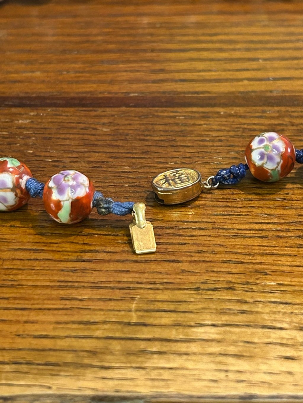 Chinese painted porcelain hand knotted red beaded necklace 20”