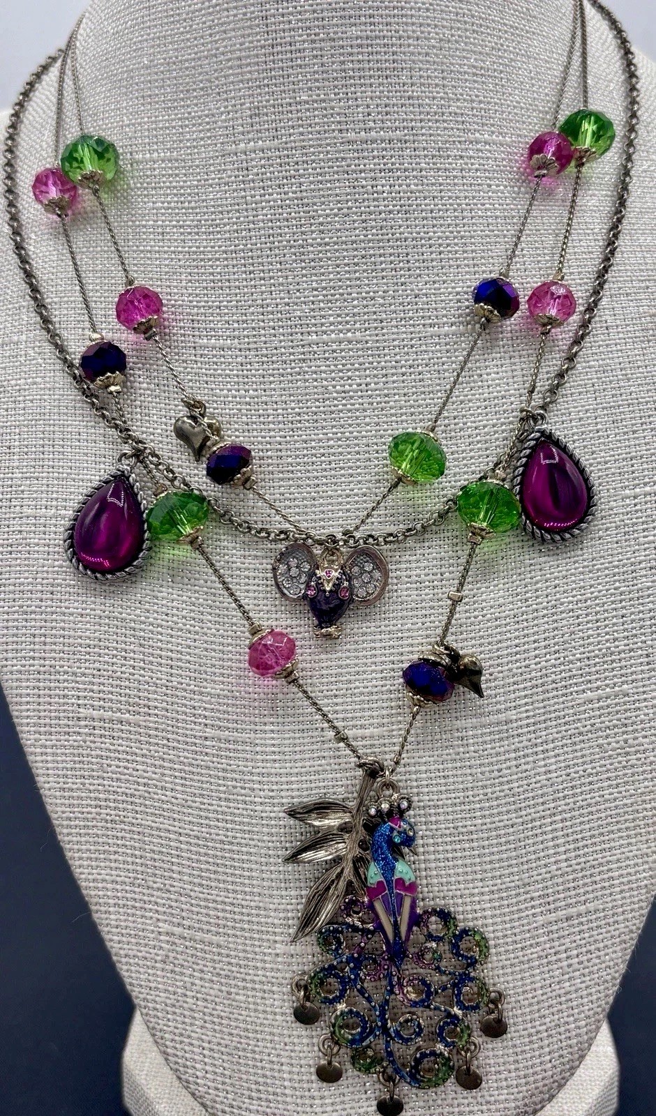 Betsy Johnson Peacock Necklace Colorful Crystal Statement Pink Green Gold Tone