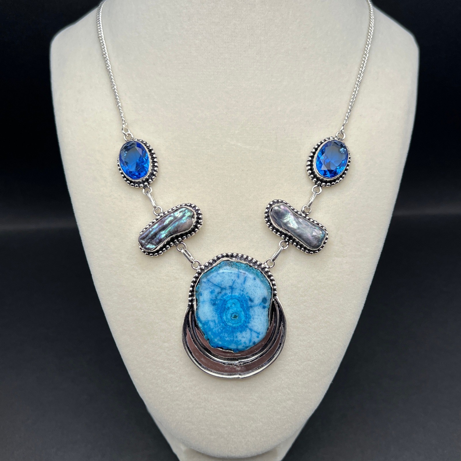 Boho Solar Quartz Necklace Silver Tone Blue Peacock Pearls Eclectic Artisan 20″