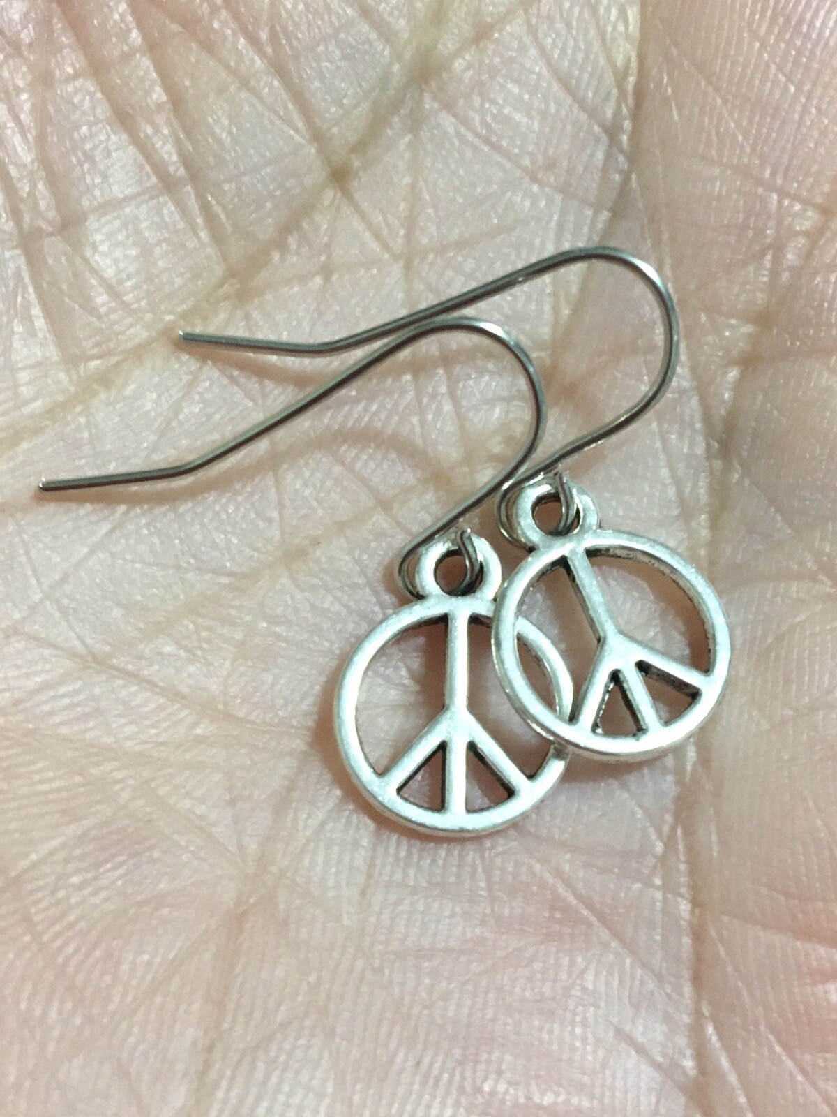 Small Peace Sign Charm Silver Earrings Stainless Steel Hooks! Hypoallergenic