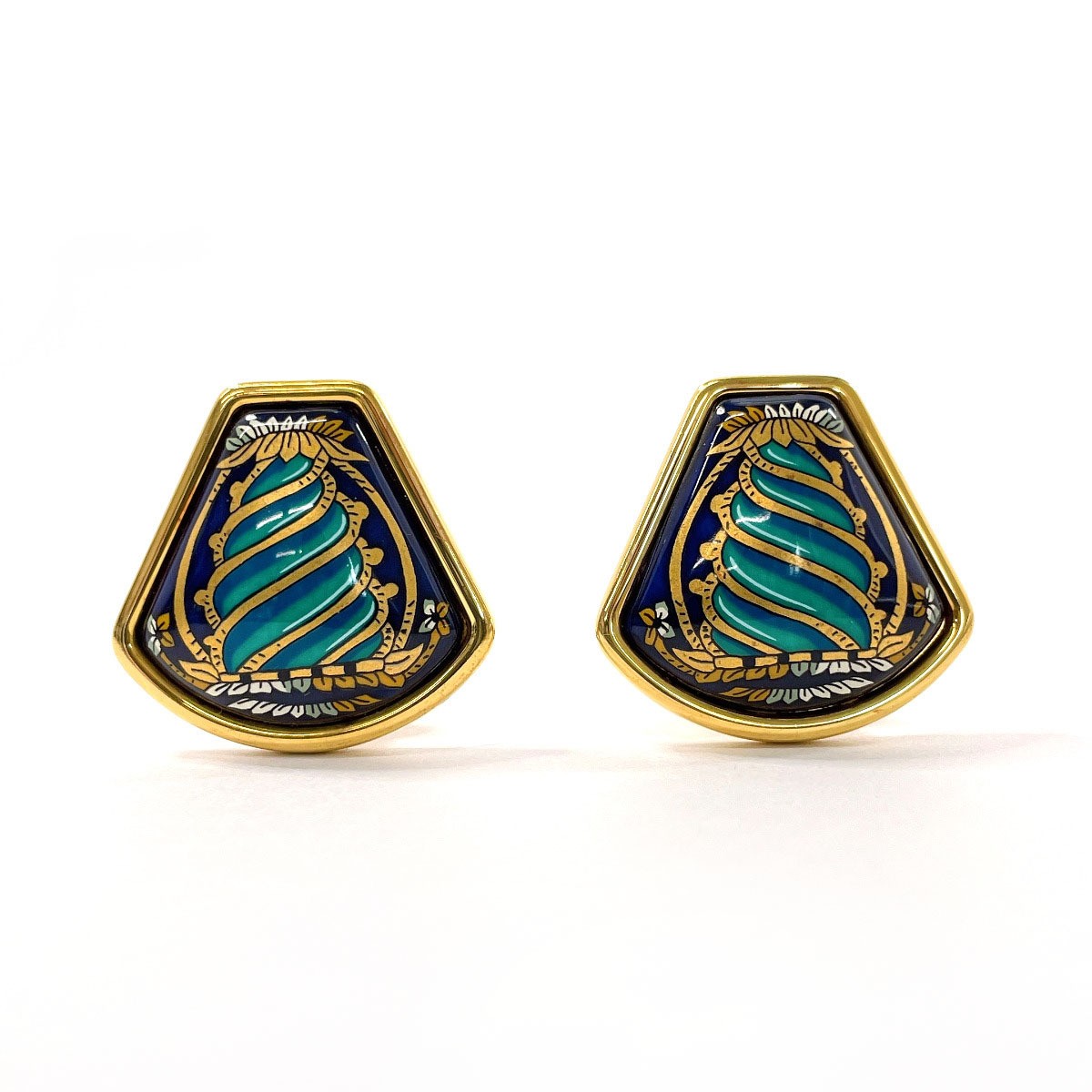 Hermes HERMES Earrings, Enamelware, Metal, Gold/Blue, Clip-On, With Storage Box